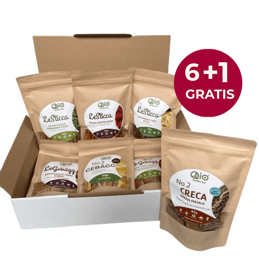 QiO Geschenkbox mit Bio-Snacks im Angebot: 6 kaufen und 1 gratis – gesunde Snacks liebevoll verpackt als Geschenkidee_Box