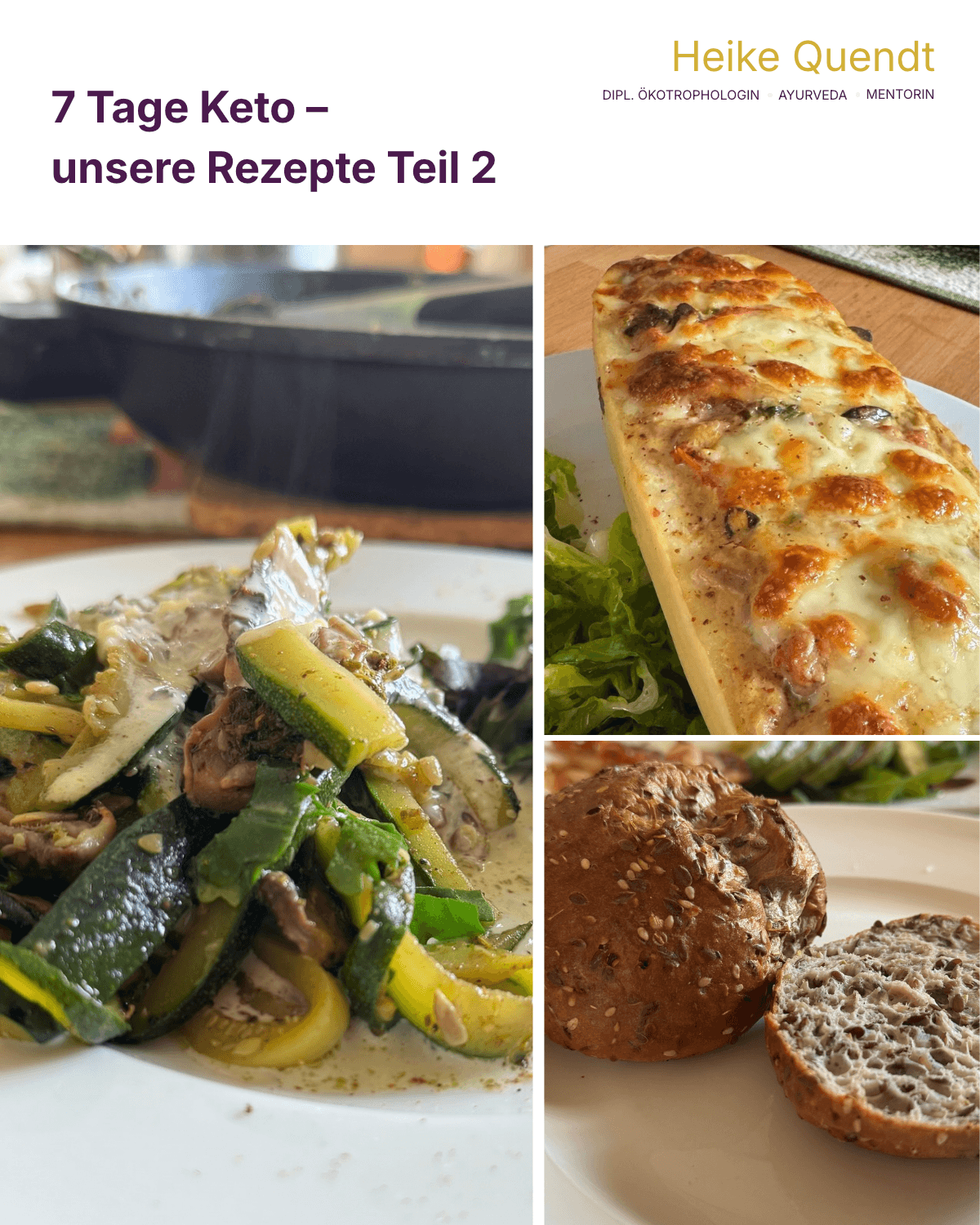 Keto-Rezepte Teil 2: Cremige Zucchini-Pilz-Pfanne, überbackener Low-Carb-Auflauf und aufgeschnittene Low-Carb-Brötchen auf Tellern.