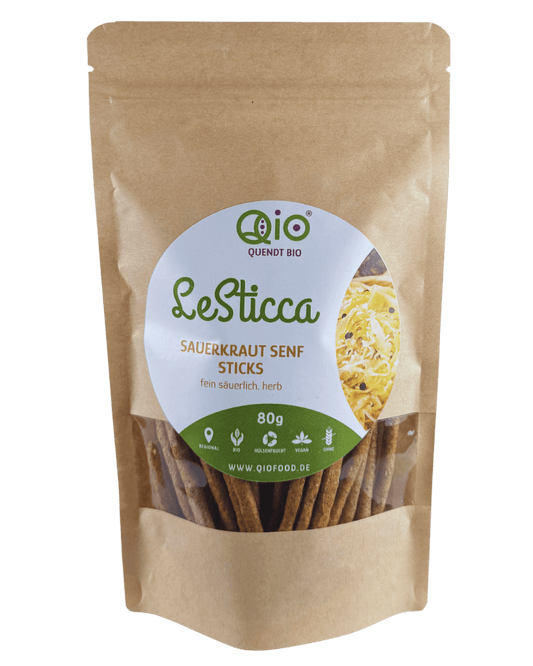 Qio Bio Sticca Sauerkraut Senf (80g) aus 100 % Bio-Ackerbohnenmehl – vegan, ohne Getreidemehl und aus regionaler Wertschöpfung.