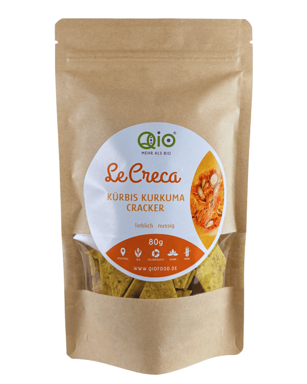 Qio Bio Creca Kürbis Kurkuma (80g) aus 100 % Bio-Ackerbohnenmehl – vegan, ohne Getreidemehl und aus regionaler Wertschöpfung.