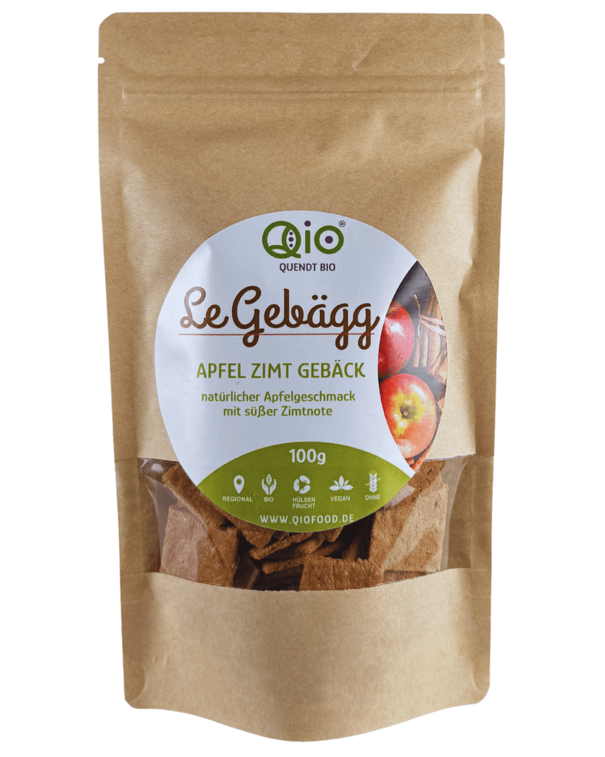 Qio Bio Gebägg Apfel Zimt (100g) aus 100 % Bio-Ackerbohnenmehl – vegan, ohne Getreidemehl und aus regionaler Wertschöpfung.