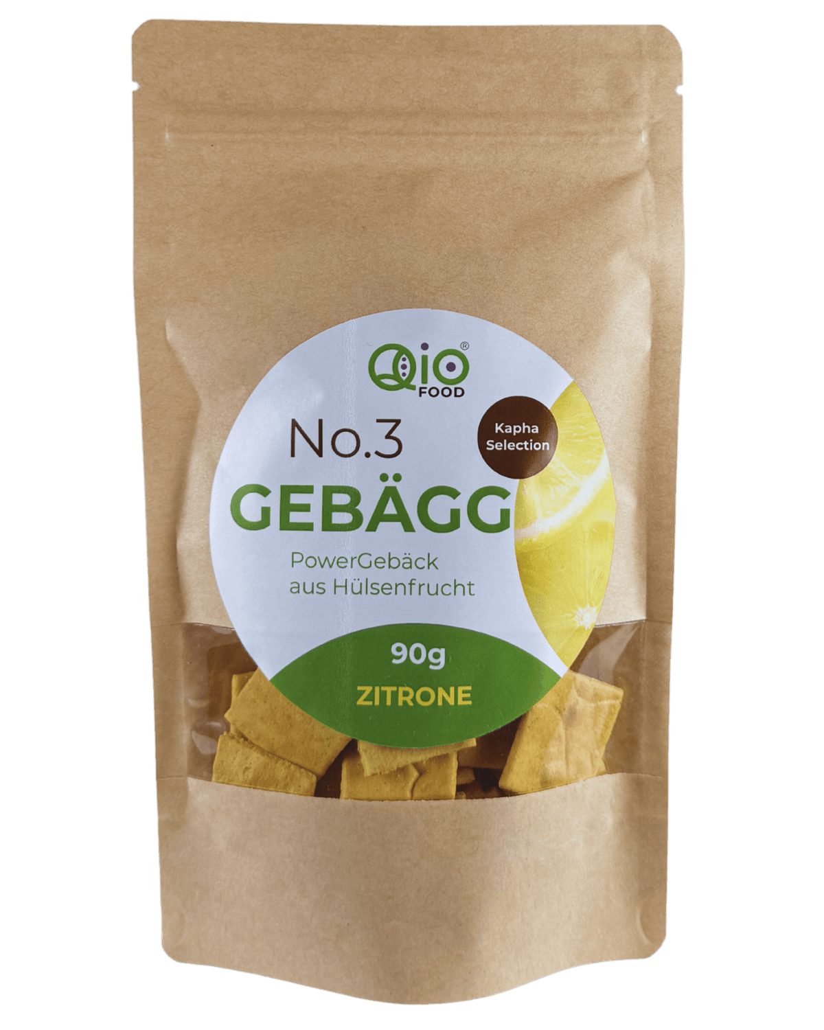 Qio Bio Gebägg Zitrone (90g) aus 100 % Bio-Ackerbohnenmehl – vegan, ohne Getreidemehl und aus regionaler Wertschöpfung.