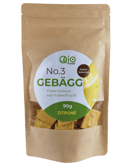 Qio Bio Gebägg Zitrone (90g) aus 100 % Bio-Ackerbohnenmehl – vegan, ohne Getreidemehl und aus regionaler Wertschöpfung.