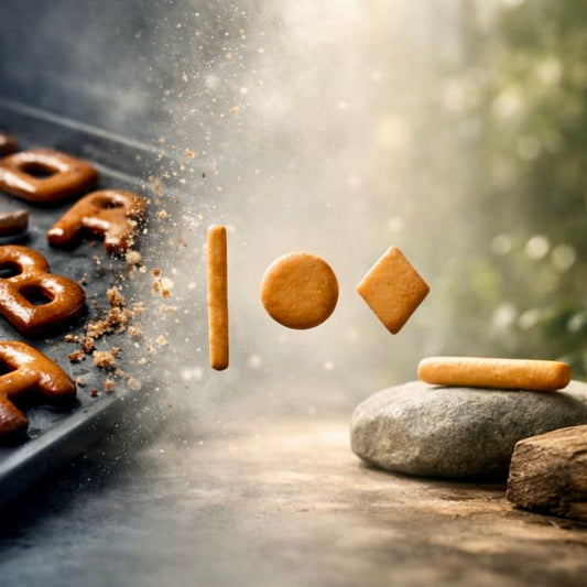 Traditionelle Russisch-Brot-Buchstaben verwandeln sich moderne Qio-Formen (Stäbchen, Taler, Raute) – Visualisierung der Wandlung zum Alphabet des Lebens.