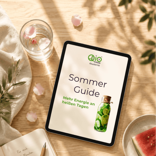 SommerGuide der Qio Food Akademie auf einem Tablet mit sommerlichen Zutaten. Der Beitrag zeigt, warum kleine Gewohnheiten wichtiger sind als perfektes Ernährungswissen und wie Ayurveda und Ernährungswissenschaft zu mehr Gesundheit im Alltag beitragen.