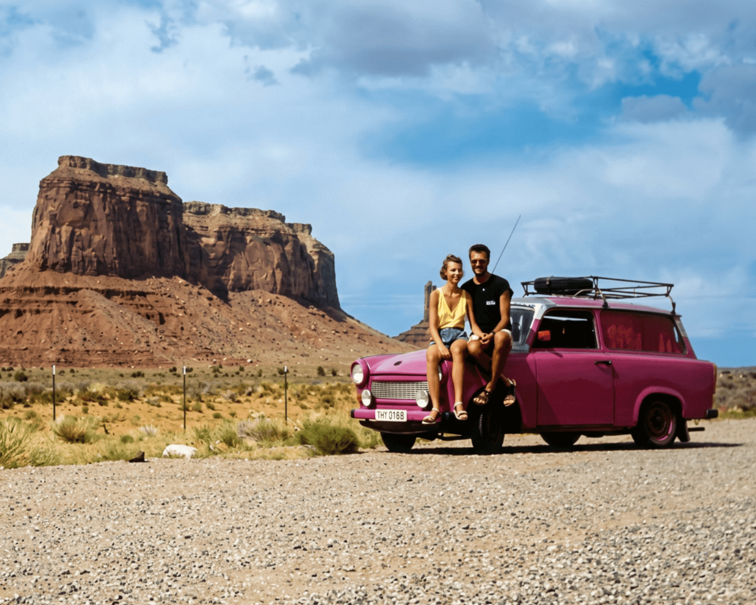 Heike und Matthias Quendt mit ihrem Trabant Kombi während ihrer Reise durch Kanada und die USA im Jahr 1991.