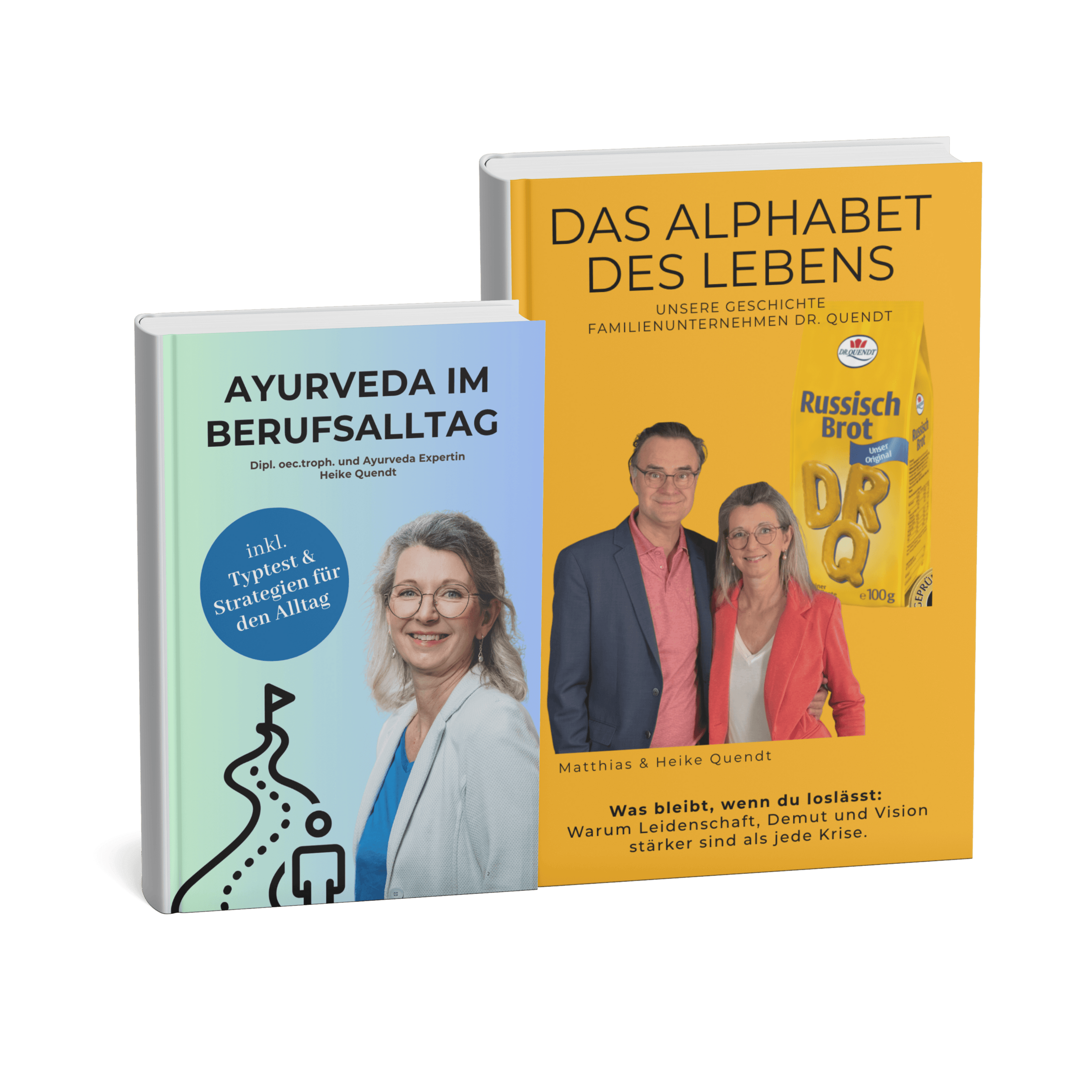 Bücher von Heike und Matthias Quendt: „Ayurveda im Berufsalltag“ und „Das Alphabet des Lebens“ über die Familiengeschichte Dr. Quendt.