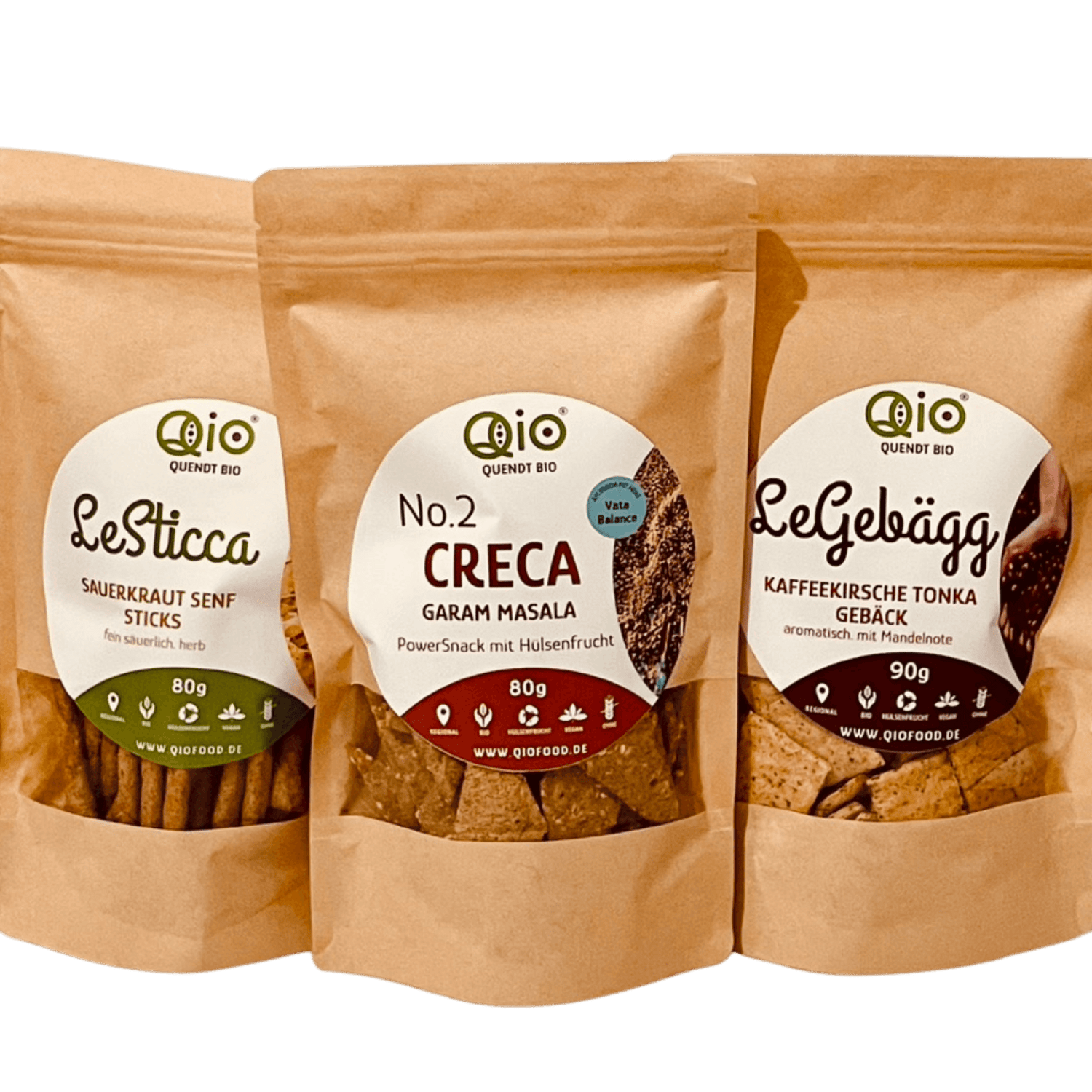 QiO Bohnen-Pioniere Bundle – 3er Probierset mit herzhaften Sticks, ayurvedischen Crackern und sanftem Gebäck ohne glutenhaltiges Getreide.