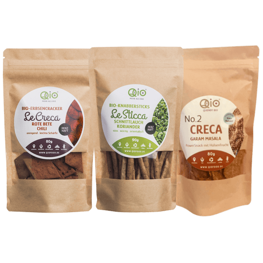 QiO Bohnen-Snack Bundle – Pikantes 3er-Set Bio-Ackerbohnen-Snacks für Deep-Work und Energie-Impulse.