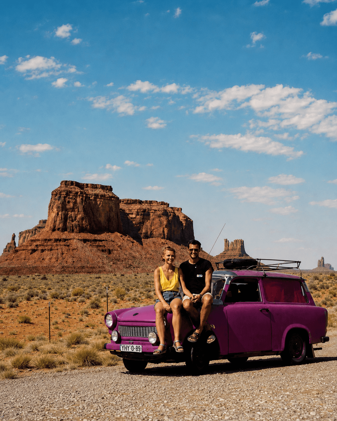 Heike und Matthias Quendt vor ihrem Trabant während ihrer USA-Reise 1991. Diese Reise markiert den Beginn ihrer heutigen Doppel-Keynote über Zuversicht, Gesundheit und Wandel.