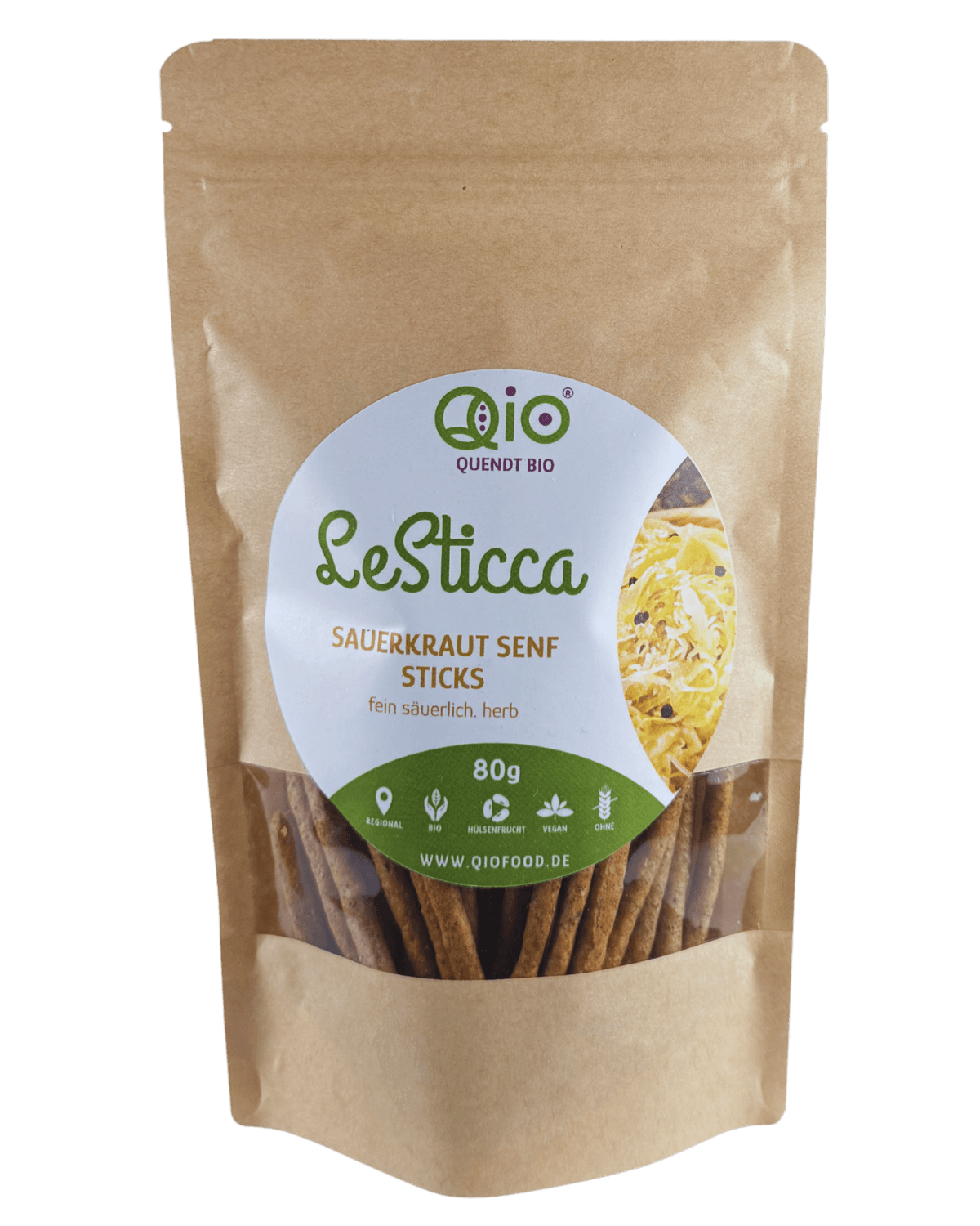 Qio Bio Sticca Sauerkraut Senf (80g) aus 100 % Bio-Ackerbohnenmehl – vegan, ohne Getreidemehl und aus regionaler Wertschöpfung.