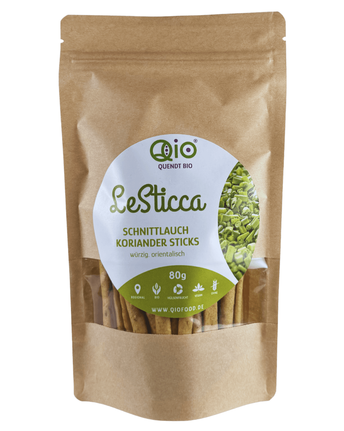 Qio Bio Sticca Schnittlauch Koriander (80g) aus 100 % Bio-Ackerbohnenmehl – vegan, ohne Getreidemehl und aus regionaler Wertschöpfung