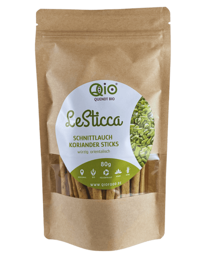 Qio Bio Sticca Schnittlauch Koriander (80g) aus 100 % Bio-Ackerbohnenmehl – vegan, ohne Getreidemehl und aus regionaler Wertschöpfung