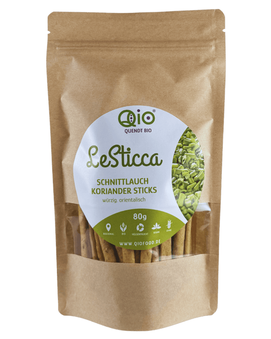 Qio Bio Sticca Schnittlauch Koriander (80g) aus 100 % Bio-Ackerbohnenmehl – vegan, ohne Getreidemehl und aus regionaler Wertschöpfung