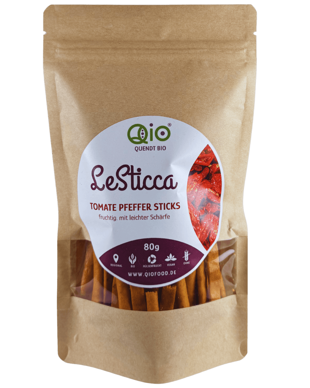 Qio Bio Sticca Tomaten Pfeffer (80g) aus 100 % Bio-Ackerbohnenmehl – vegan, ohne Getreidemehl und aus regionaler Wertschöpfung.