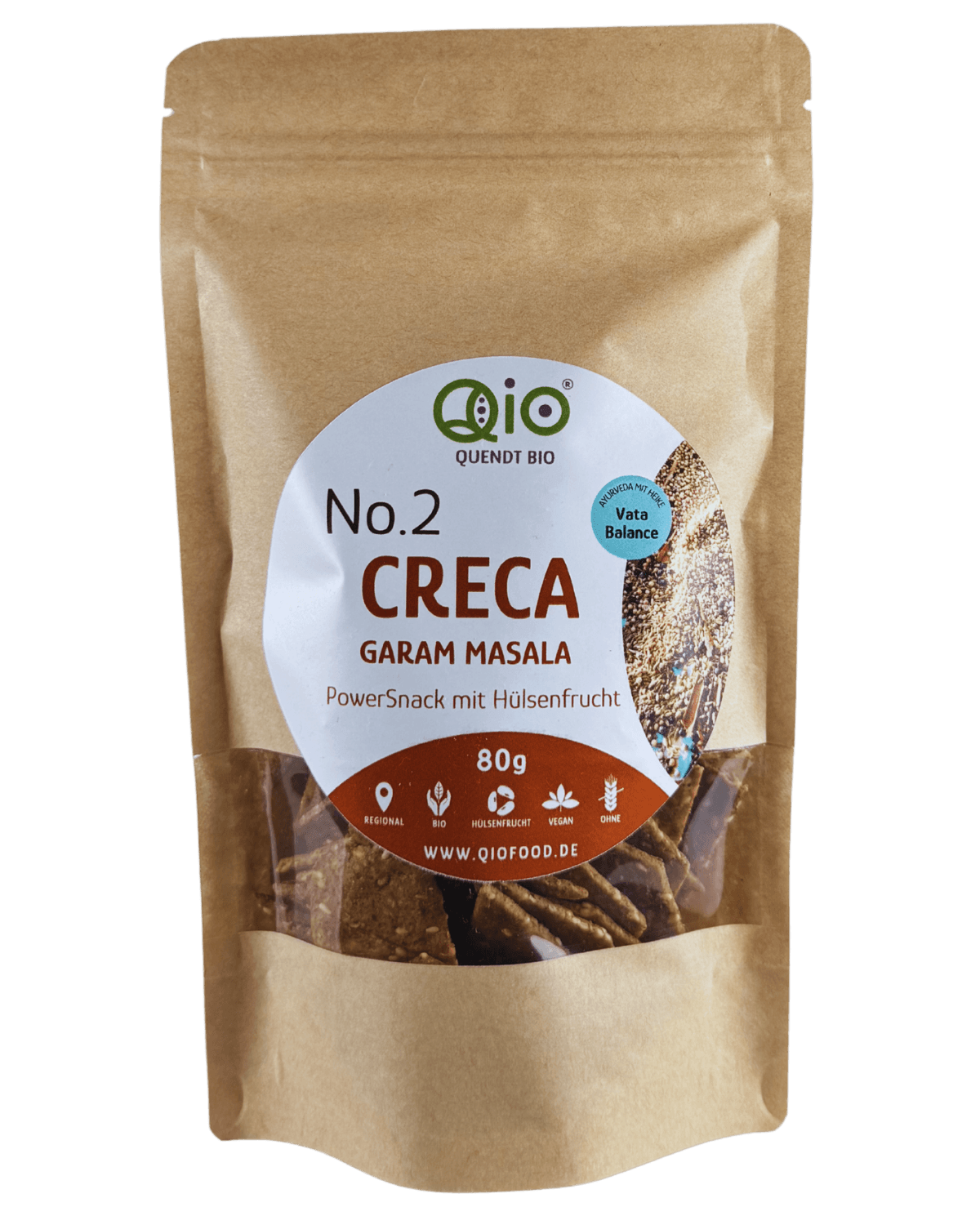 Qio Bio Creca Garam Masala (80g) aus 100 % Bio-Ackerbohnenmehl – vegan, ohne Getreidemehl und aus regionaler Wertschöpfung.