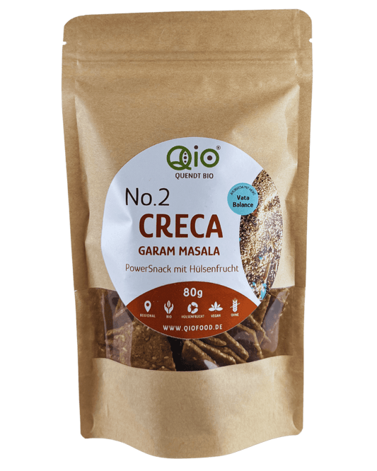 Qio Bio Creca Garam Masala (80g) aus 100 % Bio-Ackerbohnenmehl – vegan, ohne Getreidemehl und aus regionaler Wertschöpfung.