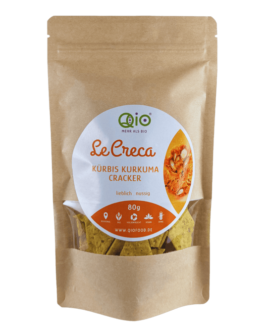 Qio Bio Creca Kürbis Kurkuma (80g) aus 100 % Bio-Ackerbohnenmehl – vegan, ohne Getreidemehl und aus regionaler Wertschöpfung.