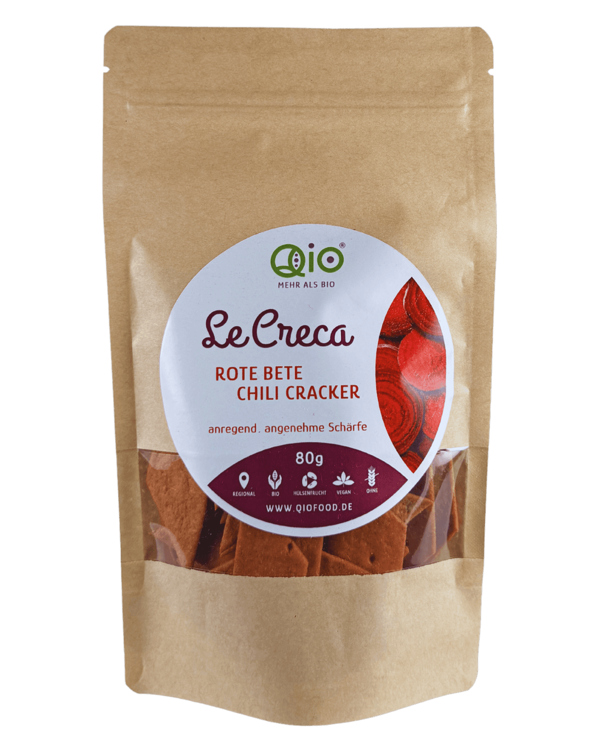 Qio Bio Creca Rote Bete Chili (80g) aus 100 % Bio-Ackerbohnenmehl – vegan, ohne Getreidemehl und aus regionaler Wertschöpfung.