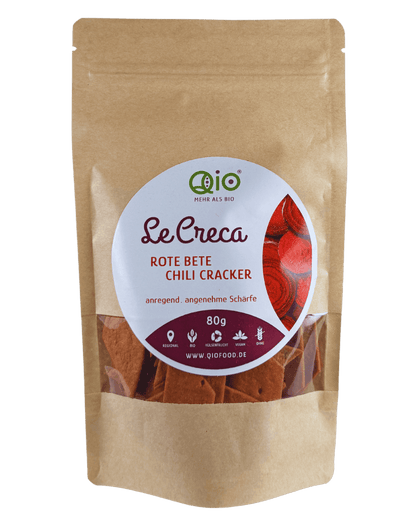Qio Bio Creca Rote Bete Chili (80g) aus 100 % Bio-Ackerbohnenmehl – vegan, ohne Getreidemehl und aus regionaler Wertschöpfung.