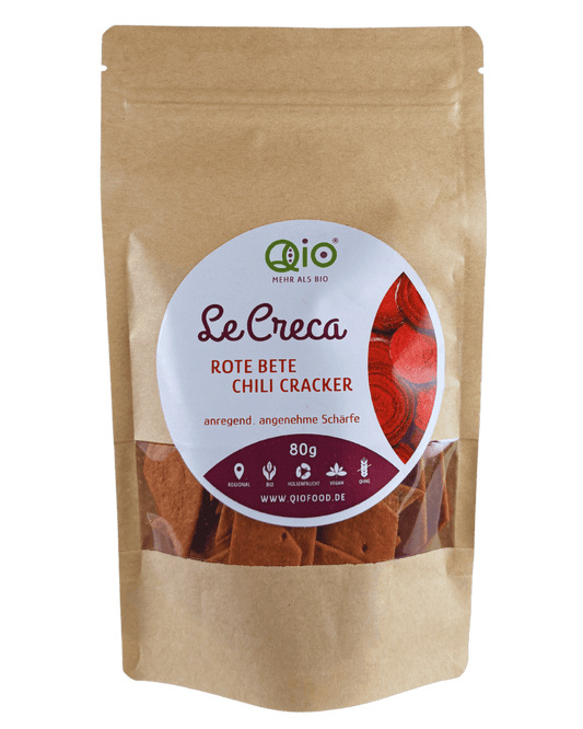 Qio Bio Creca Rote Bete Chili (80g) aus 100 % Bio-Ackerbohnenmehl – vegan, ohne Getreidemehl und aus regionaler Wertschöpfung.