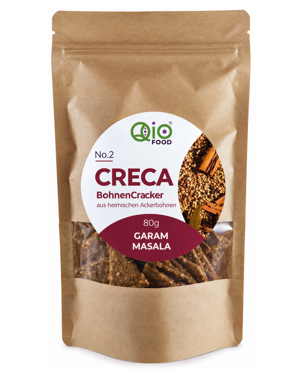 Qio Creca Garam Masala (80g) aus 100% Ackerbohnenmehl – vegan, ohne Getreidemehl und aus regionaler Wertschöpfung.