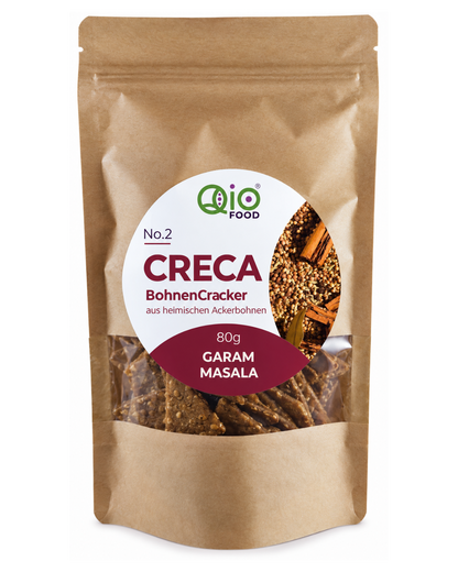 Qio Creca Garam Masala (80g) aus 100% Ackerbohnenmehl – vegan, ohne Getreidemehl und aus regionaler Wertschöpfung.