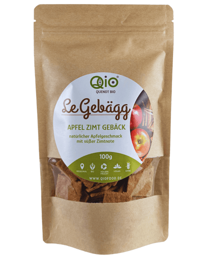 Qio Bio Gebägg Apfel Zimt (100g) aus 100 % Bio-Ackerbohnenmehl – vegan, ohne Getreidemehl und aus regionaler Wertschöpfung.