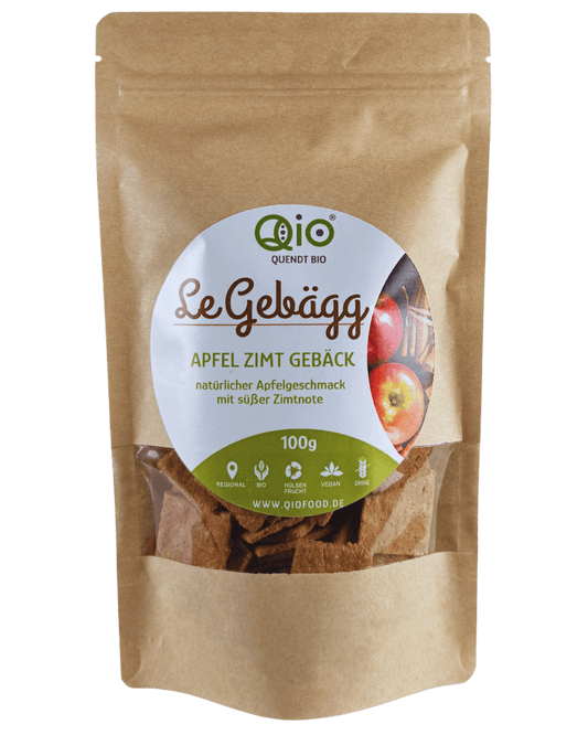 Qio Bio Gebägg Apfel Zimt (100g) aus 100 % Bio-Ackerbohnenmehl – vegan, ohne Getreidemehl und aus regionaler Wertschöpfung.