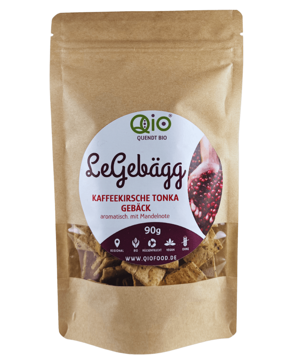 Qio Bio Gebägg Kaffeekirsche Tonka (90g) aus 100 % Bio-Ackerbohnenmehl – vegan, ohne Getreidemehl und aus regionaler Wertschöpfung.