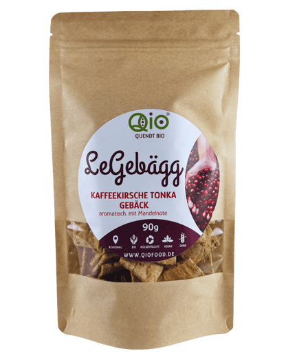 Qio Bio Gebägg Kaffeekirsche Tonka (90g) aus 100 % Bio-Ackerbohnenmehl – vegan, ohne Getreidemehl und aus regionaler Wertschöpfung.