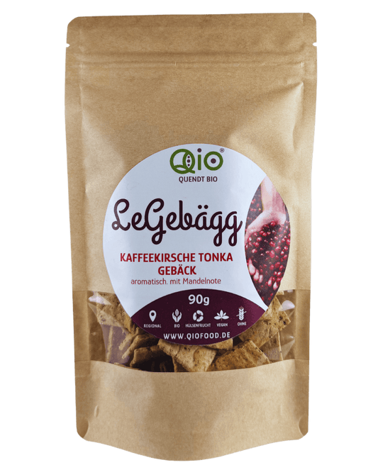 Qio Bio Gebägg Kaffeekirsche Tonka (90g) aus 100 % Bio-Ackerbohnenmehl – vegan, ohne Getreidemehl und aus regionaler Wertschöpfung.