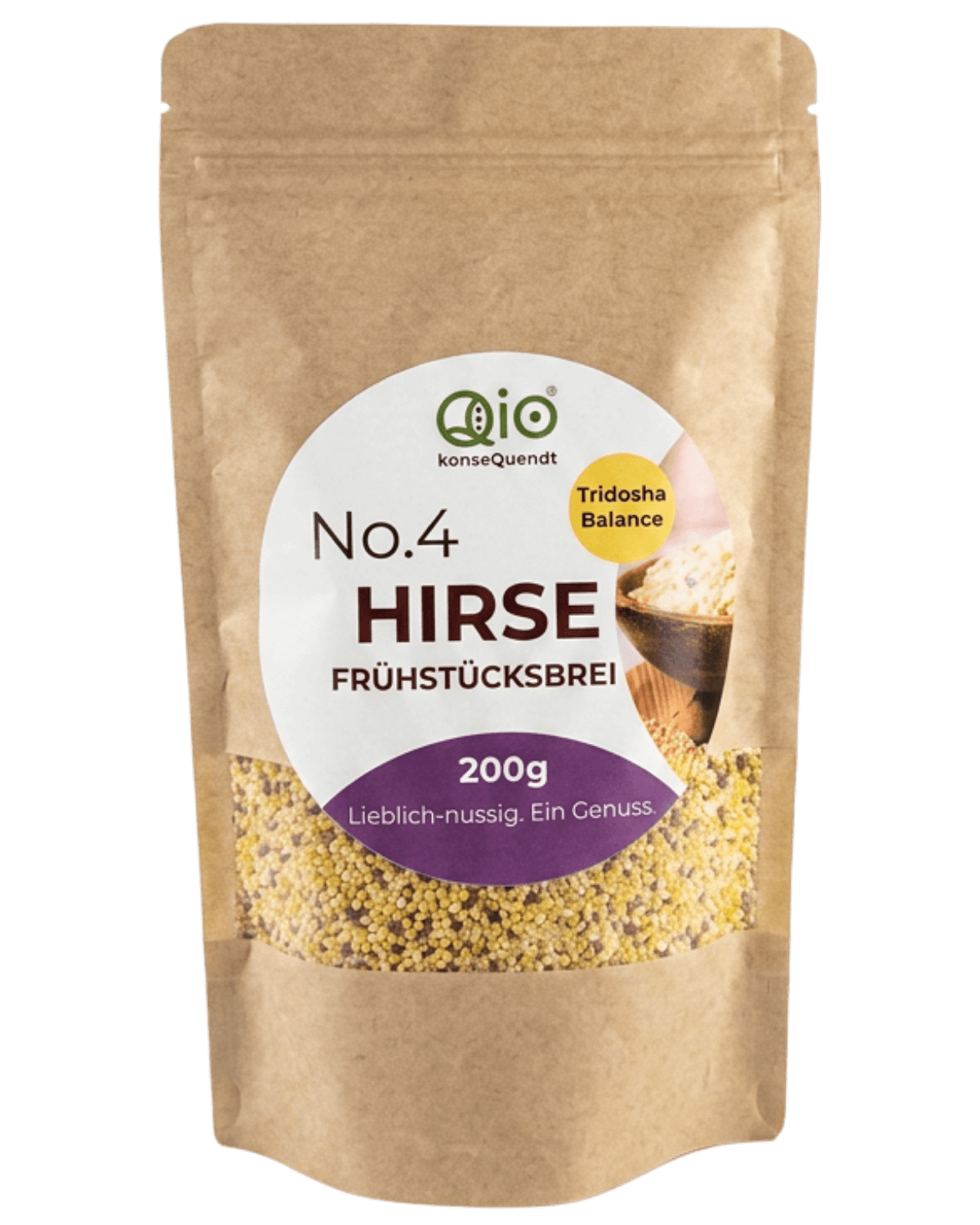 Qio Bio Hirsebrei Frühstücksmischung (200g) mit Hirse und ausgewählten Bio-Zutaten – vegan, ohne Weizen und aus regionaler Wertschöpfung.