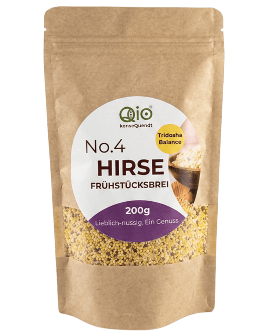 Qio Bio Hirsebrei Frühstücksmischung (200g) mit Hirse und ausgewählten Bio-Zutaten – vegan, ohne Weizen und aus regionaler Wertschöpfung.