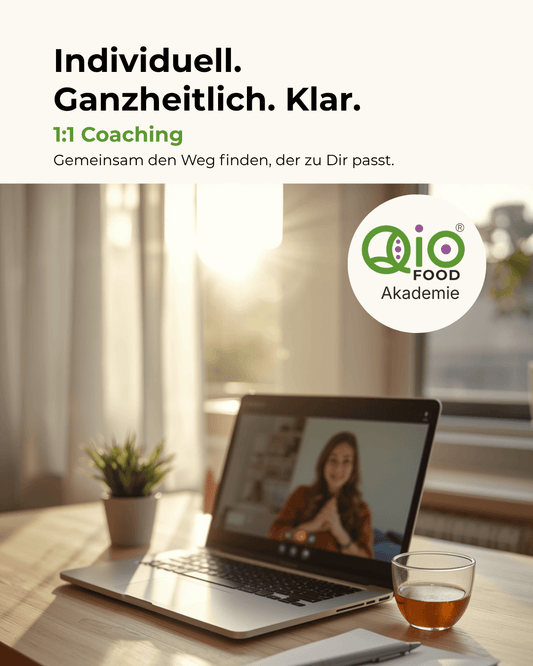 1:1 Ernährungscoaching der Qio-Food Akademie – individuelle Begleitung für einen Ernährungsweg, der zu Dir passt.