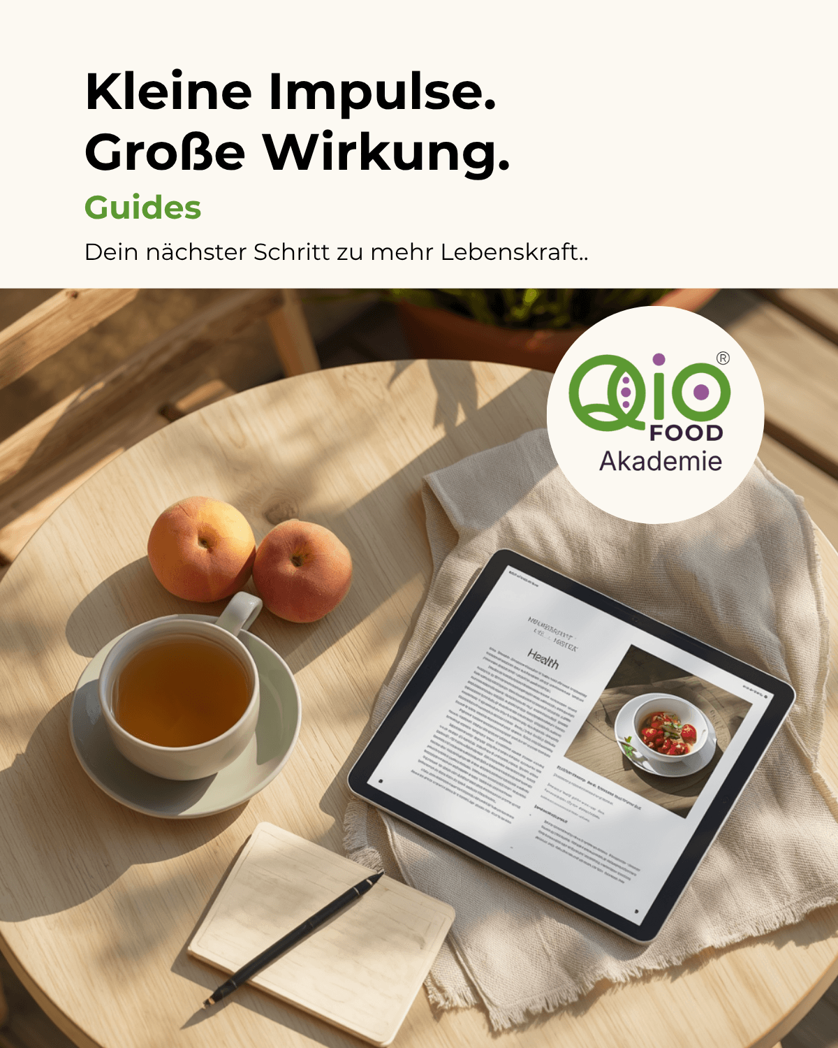 Digitale Ernährungs-Guides der Qio-Food Akademie mit praktischen Impulsen für mehr Wohlbefinden.