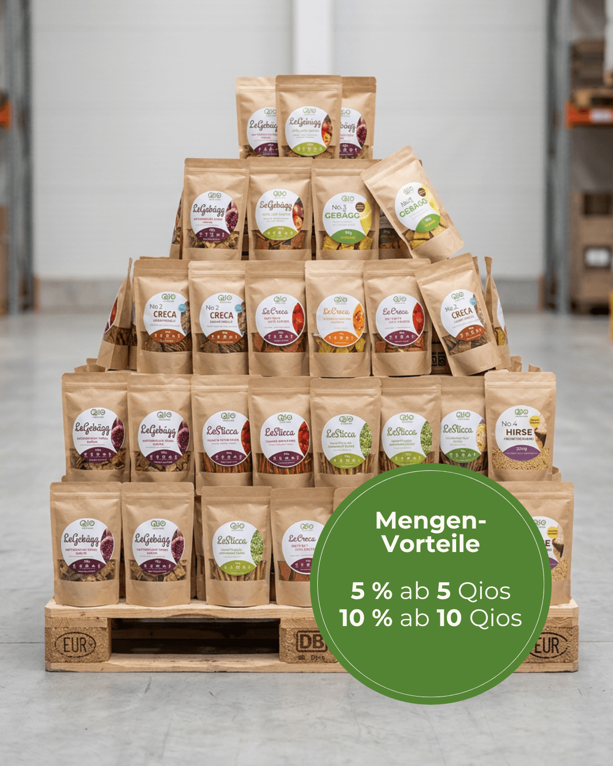Qio Food Bio-Snacks im Überblick – Mengen-Vorteile mit 5 % Rabatt ab 5 Produkten und 10 % Rabatt ab 10 Produkten.