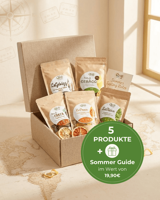 Qio Genuss-Reise Sommer mit fünf Bio-Spezialitäten, persönlichem Sommer-Guide und Zugang zur Qio-Food Akademie.