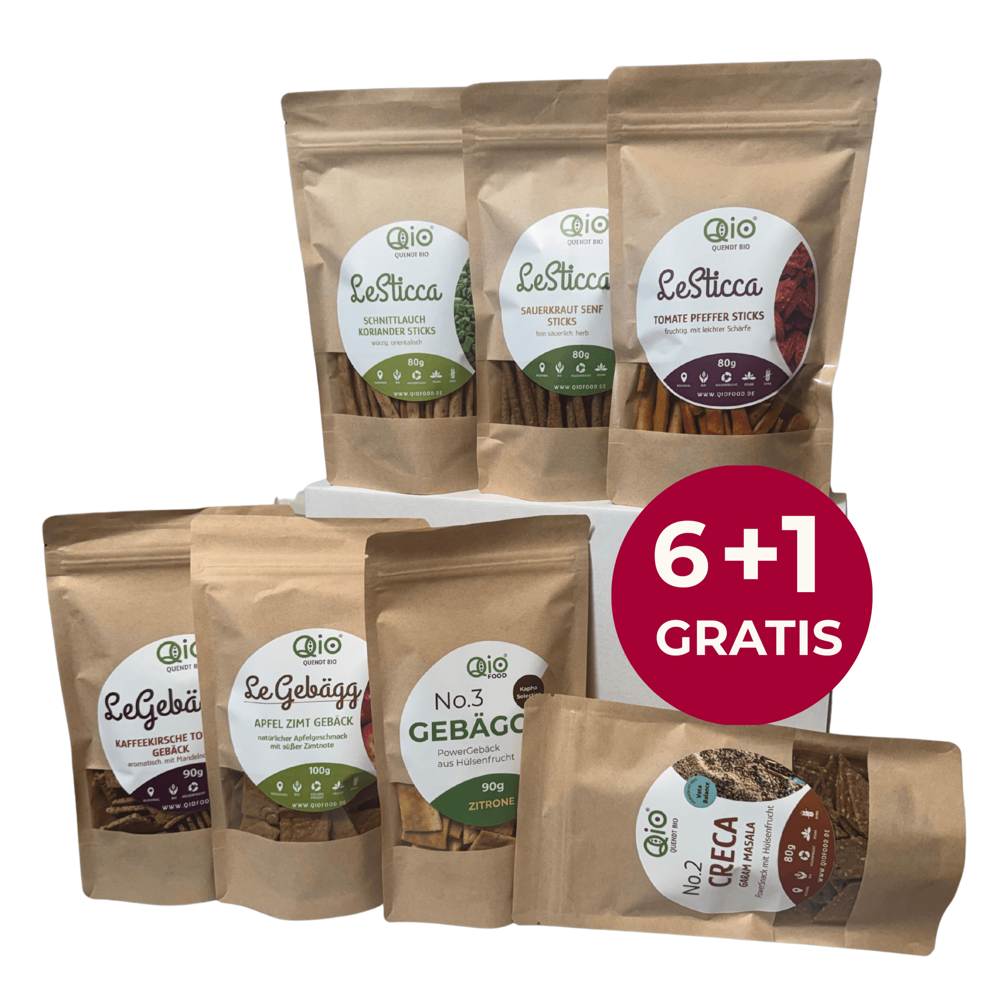 QiO Geschenkbox mit Bio-Snacks im Angebot: 6 kaufen und 1 gratis – gesunde Snacks liebevoll verpackt als Geschenkidee