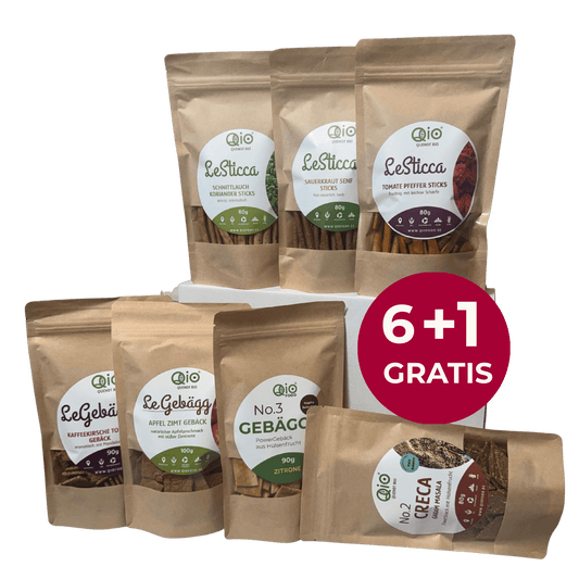 QiO Geschenkbox mit Bio-Snacks im Angebot: 6 kaufen und 1 gratis – gesunde Snacks liebevoll verpackt als Geschenkidee