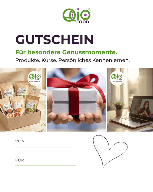Qio-Geschenkgutschein – Freude schenken mit Bio-Genuss, Ernährungswissen und persönlicher Begleitung.
