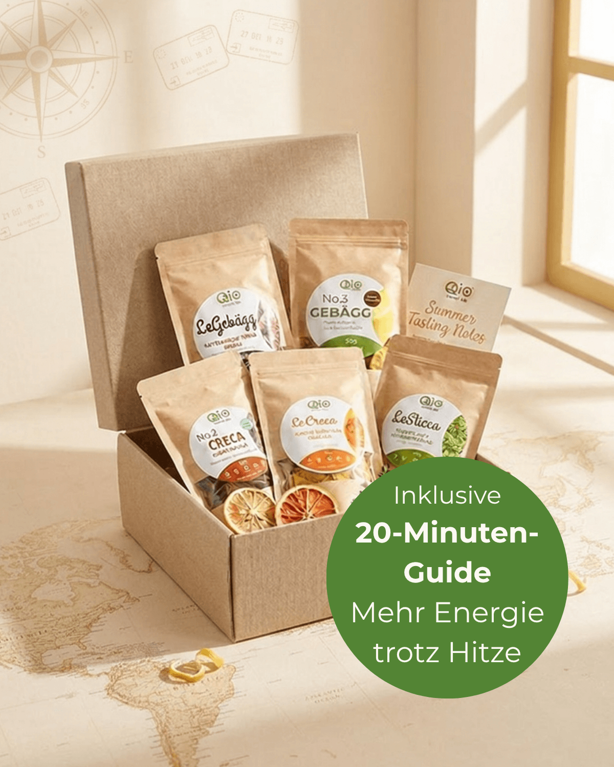 QiO Sommer-Genuss-Reise mit fünf Bio-Snacks, persönlichem 20-Minuten-Sommer-Guide und Inspiration für mehr Energie im Sommer.